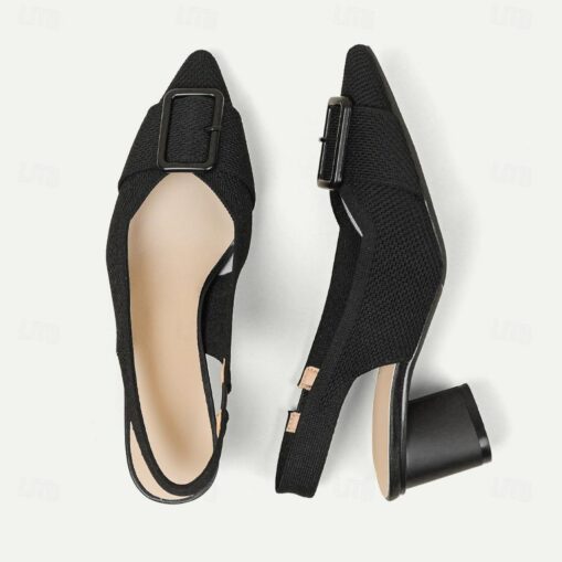 Women's Heels Plus Size Flyknit Shoes Wedding Outdoor Office Striped Buckle Block Heel Pointed Toe Fashion Classic Comfort Walking Knit Loafer Almond - Image 2