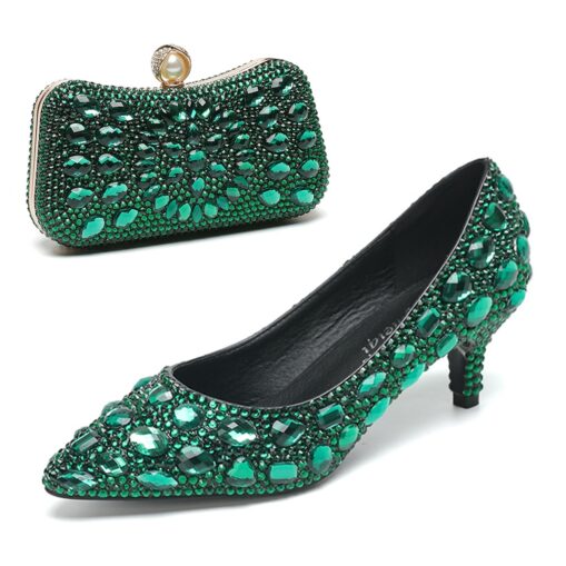 Women's Crystal-Embellished Kitten Heel Shoes and Matching Clutch Set - Elegant Rhinestone Wedding Pumps with Evening Bag 2025 - Image 9