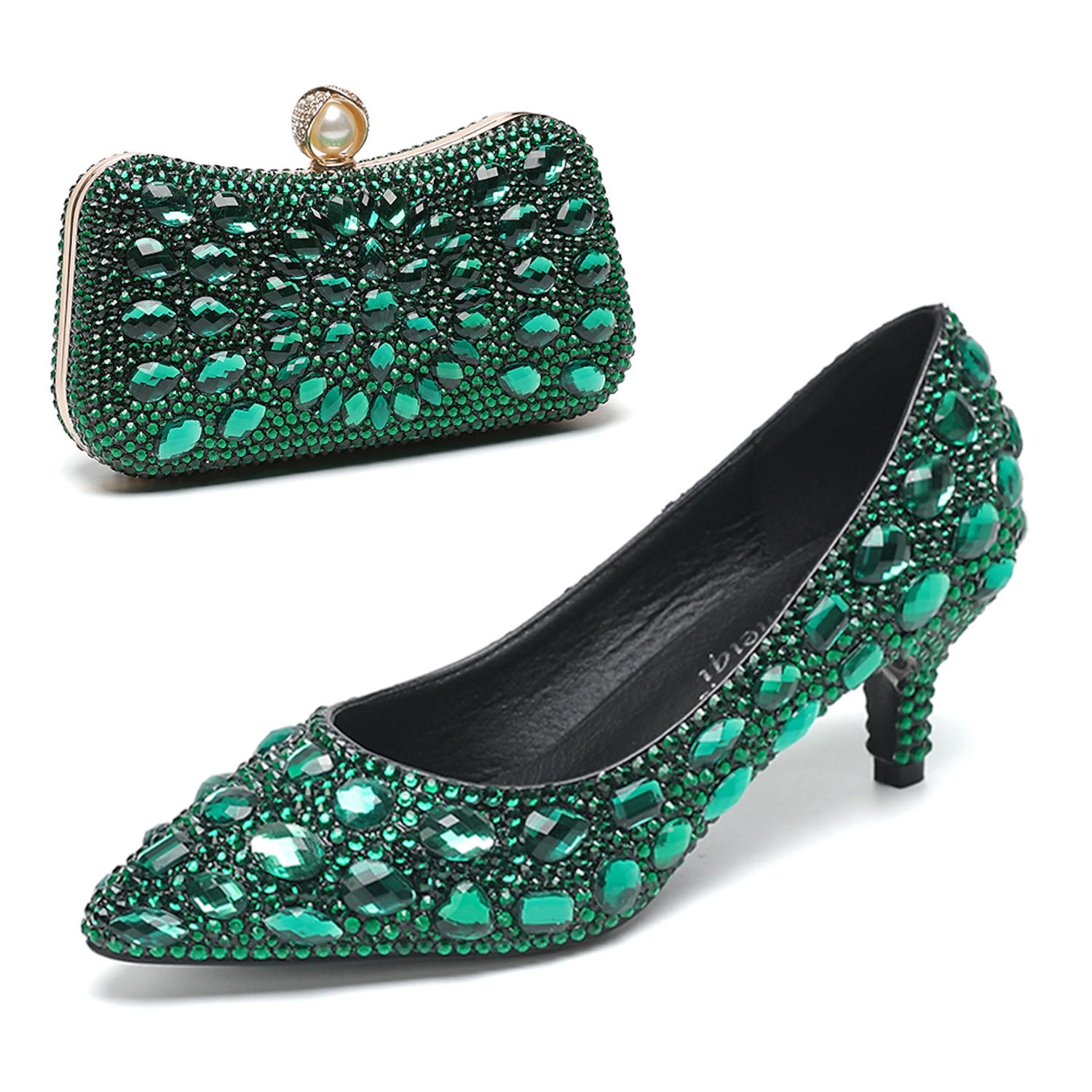Women's Crystal-Embellished Kitten Heel Shoes and Matching Clutch Set - Elegant Rhinestone Wedding Pumps with Evening Bag 2025 - Image 9
