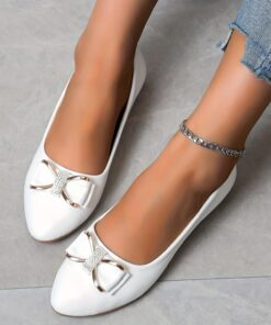 Women's White Pointed-Toe Ballet Flats with Bow and Metal Accent – Elegant Casual Shoes for Work, Parties, and Everyday Wear 2025