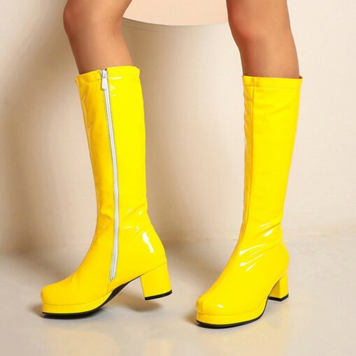 Women's White Patent Knee-High Platform Boots with Side Zipper - Vintage 70s Disco Style Chunky Heel Boots for Cosplay, Retro Fashion, and Events 2025 - Image 2