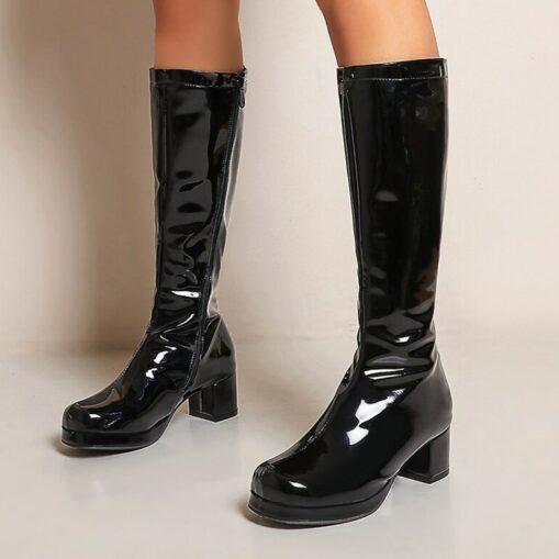 Women's White Patent Knee-High Platform Boots with Side Zipper - Vintage 70s Disco Style Chunky Heel Boots for Cosplay, Retro Fashion, and Events 2025 - Image 7