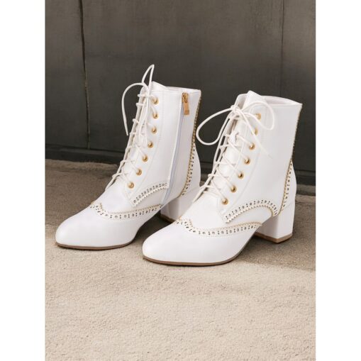 Women's Black Lace-Up Ankle Boots with Brogue Detailing and Block Heel – Vintage-Inspired Combat Boots for Everyday and Formal Outfits 2025 - Image 2