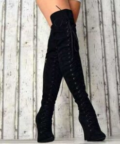 Women's Lace-Up Over-the-Knee Boots - Black & Burgundy Thigh-High Stiletto Heels for Winter Fashion and Night Out 2025