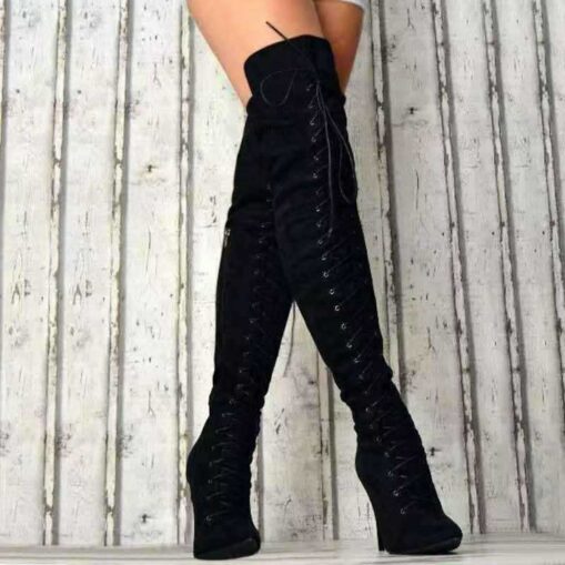 Women's Lace-Up Over-the-Knee Boots - Black & Burgundy Thigh-High Stiletto Heels for Winter Fashion and Night Out 2025
