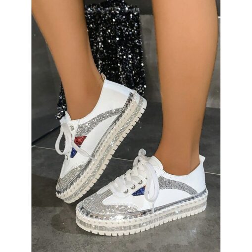 Women's Glitter-Accented Black Lace-Up Sneakers – Rhinestone Embellished, Colorful Casual Athletic Shoes for Fashionable Everyday Wear 2025 - Image 2
