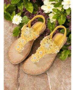 Women's Pink Floral Lace Embellished T-Strap Sandals – Comfortable Chic Summer Slip-On Footwear 2025