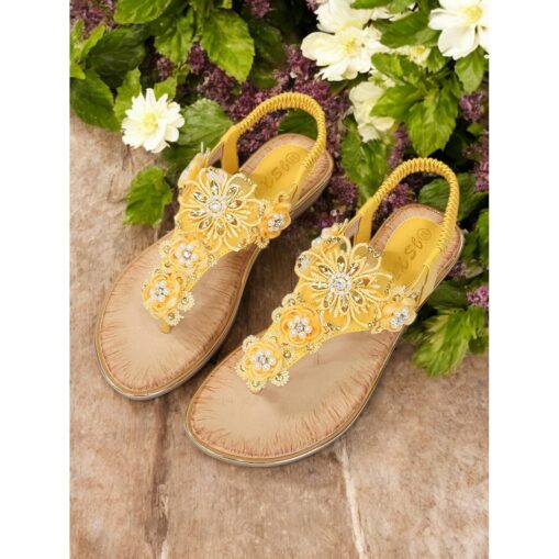Women's Pink Floral Lace Embellished T-Strap Sandals – Comfortable Chic Summer Slip-On Footwear 2025