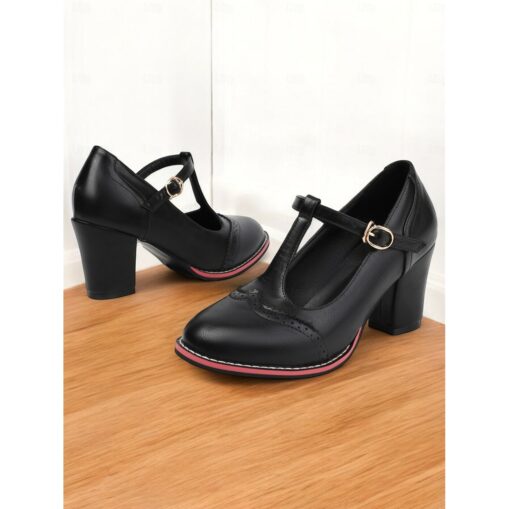 Women's Vintage Brown T-Strap Mary Jane Pumps with Brogue Detailing – Chunky Heels for Office, Retro Fashion, and Casual Events 2025 - Image 2