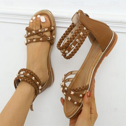 Women's Sandals Boho Bohemia Beach Gladiator Sandals Roman Sandals Daily Beach Braided Rivet Flat Heel Bohemia Vintage Casual PU Buckle Black Brown Be - Image 2