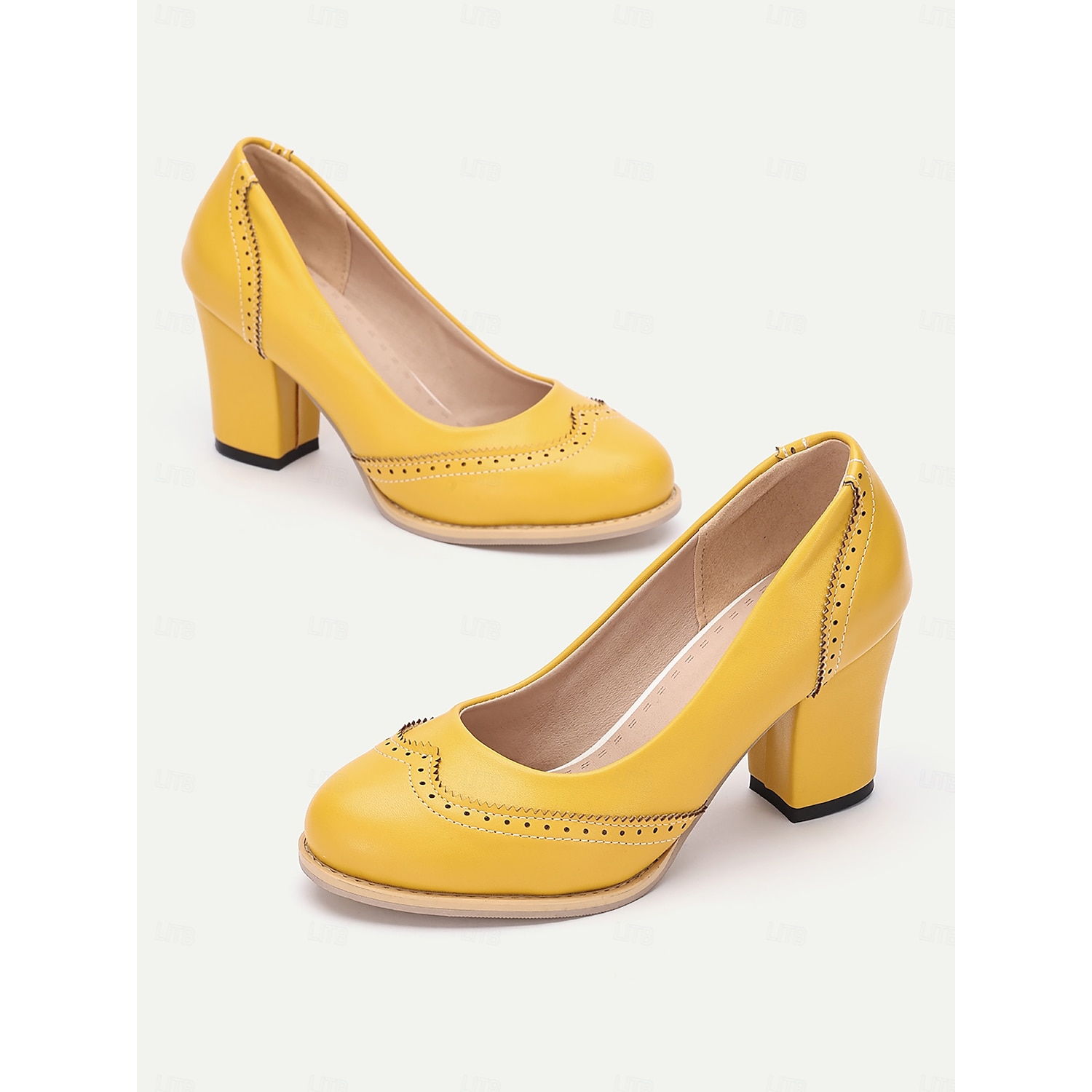 Women's Yellow Vintage-Inspired Heels with Brogue Detailing, Chunky Heel, and Slip-On Design, Perfect for Workwear and Special Occasions 2025