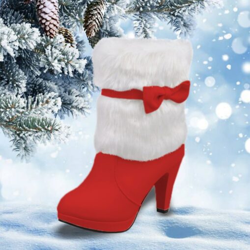 Women's Red Christmas Boots with Faux Fur Cuff and Bow Accent | Winter Heeled Festive Footwear 2025