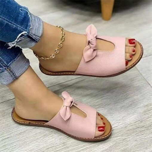 Women's Pink Slip-On Sandals with Bow Accent and Open-Toe Design – Cute and Comfortable Casual Footwear for Summer 2025