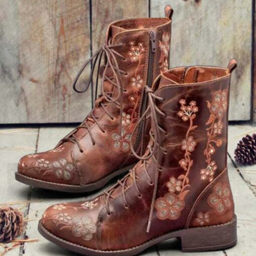 Women's Vintage Floral Embroidered Lace-Up Ankle Boots - Bohemian Style Leather Boots with Side Zipper for Fall and Winter 2025 - Image 4