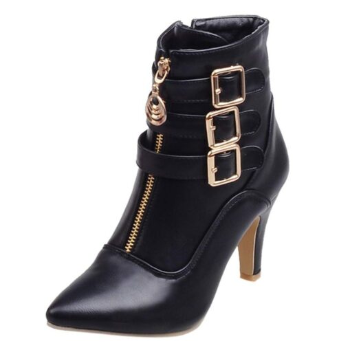 Women's Fashion High Heel Ankle Boots with Buckles and Zipper – Stylish Faux Leather Stiletto Boots for Fall and Winter 2025