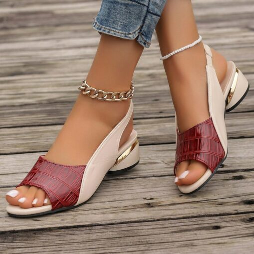 Women's Green and Beige Open-Toe Slingback Sandals – Crocodile Pattern Design with Gold Heel Accents for Casual and Elegant Summer Outfits 2025 - Image 2