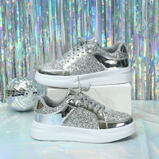 Women's Sparkly Pink Glitter Sneakers with Lace-Up Closure and Comfortable Sole - Perfect for Casual Wear and Parties 2025 - Image 3