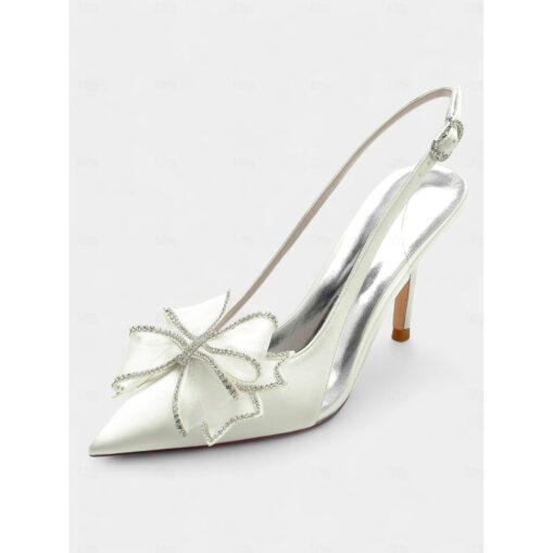 Pointed-Toe Stiletto Wedding Heels for Women – Elegant Slingback Bridal Shoes with Rhinestone Bow Design 2025 - Image 3