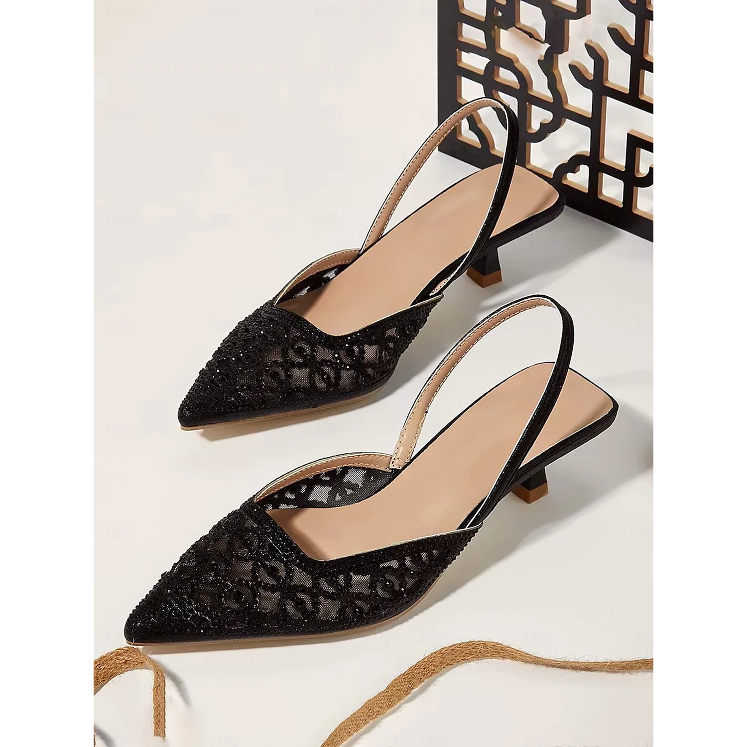 Pink Glitter Mesh Slingback Heels with Cut-Out Design and Low Kitten Heels for Formal Events and wedding 2025 - Image 7
