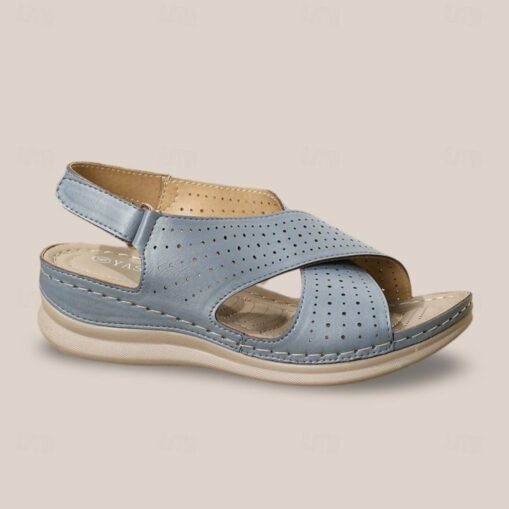 Women's Blue Perforated Slip-On Wedge Sandals - Comfortable and Stylish for Everyday Wear 2025