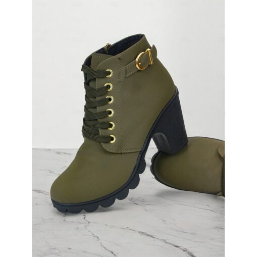 Women's Green Lace-Up Ankle Boots with Buckle Detail – Chunky Heel Combat Style for Casual and Outdoor Wear 2025 - Image 2
