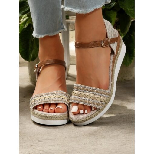 Women's Boho Platform Sandals with Braided Straps and Rhinestone Accents - Comfortable Summer Wedge Shoes for Casual Outings 2025 - Image 3