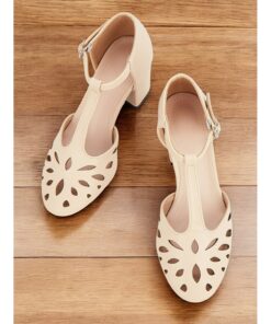 Women's Beige T-Strap Block Heel Pumps with Cut-Out Design and Adjustable Buckle for Office Wear and Formal Events 2025