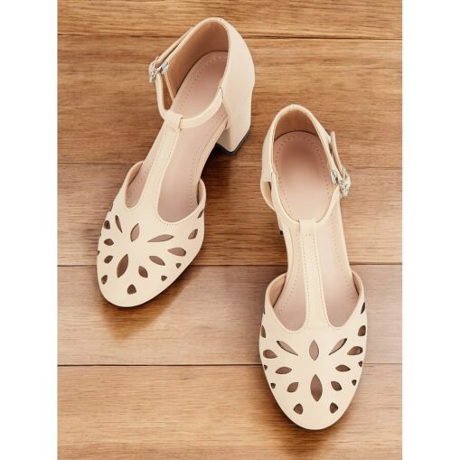 Women's Beige T-Strap Block Heel Pumps with Cut-Out Design and Adjustable Buckle for Office Wear and Formal Events 2025