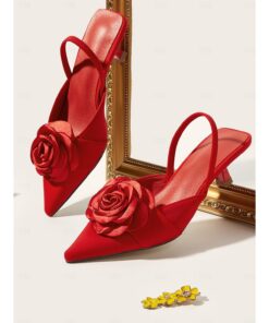 Red Satin Pointed-Kitten Heels with Rose Decoration for Women - Ideal for Weddings and Summer Events 2025