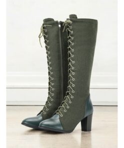 Women's Victorian Vintage Lace-Up Knee-High Boots – Green Suede and Leather, Side Zipper and Chunky Heel – Elegant Retro Style for Special Occasions 2