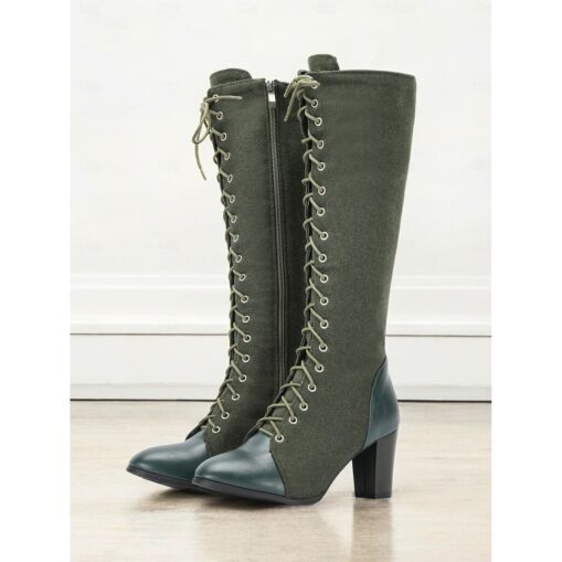 Women's Victorian Vintage Lace-Up Knee-High Boots – Green Suede and Leather, Side Zipper and Chunky Heel – Elegant Retro Style for Special Occasions 2