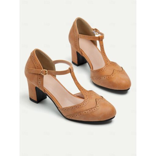 Women's Elegant Vintage T-Strap Chunky Heel Pumps - Brown Brogue Leather Heels for Oktoberfest, Retro and Formal Wear 2025