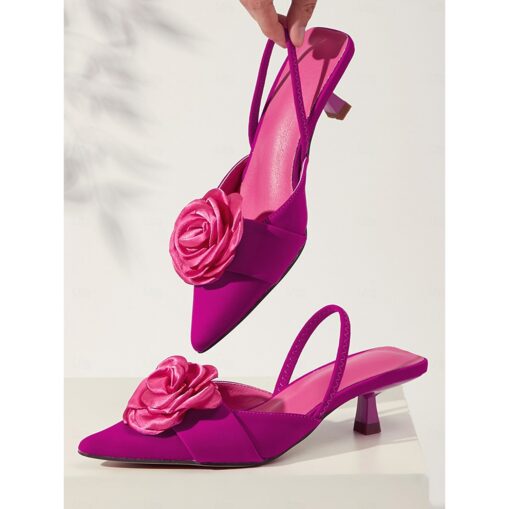 Red Satin Pointed-Kitten Heels with Rose Decoration for Women - Ideal for Weddings and Summer Events 2025 - Image 2