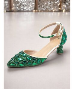 Women's Green Rhinestone Pointed-Toe Heels with Ankle Strap - Glamorous Jewel-Embellished Pumps for Evening and Special Occasions 2025