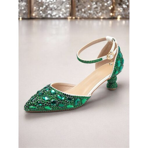 Women's Green Rhinestone Pointed-Toe Heels with Ankle Strap - Glamorous Jewel-Embellished Pumps for Evening and Special Occasions 2025