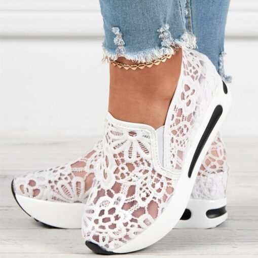 Women's Beige Lace Mesh Slip-On Platform Sneakers with Air Cushion Sole - Stylish and Comfortable Casual Shoes for Daily Wear 2025 - Image 2