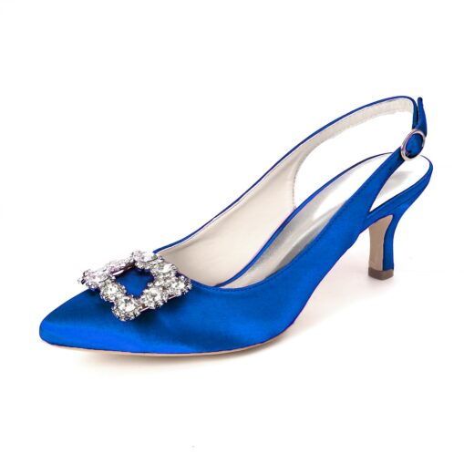 Women's Navy Blue Satin Slingback Kitten Heel with Rhinestone Buckle - Elegant Bridal or Evening Shoes for Weddings and Special Occasions 2025 - Image 2