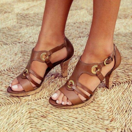 Women's Brown Strappy High Heel Sandals with Gold Ring Accents – Stylish and Comfortable for Summer Parties and Casual Outfits 2025