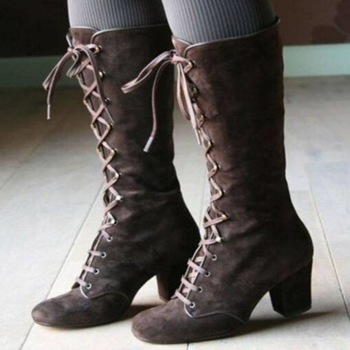 Women's Blue Knee-High Lace-Up Boots with Block Heels for Fashion and Casual Wear 2025 - Image 3