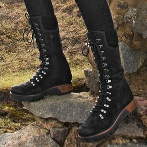 Women's Navy Suede Lace-Up Combat Boots with Side Zipper and Rugged Sole - Stylish High-Cut Boots for Winter and Outdoor Adventures 2025 - Image 3