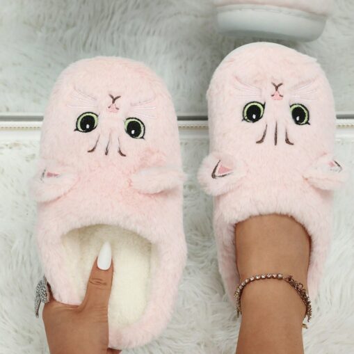 Women's Plush Cat Face Slippers - Cozy Indoor Furry Slippers with Cute Ears and Embroidery for Winter Home Wear 2025 - Image 3