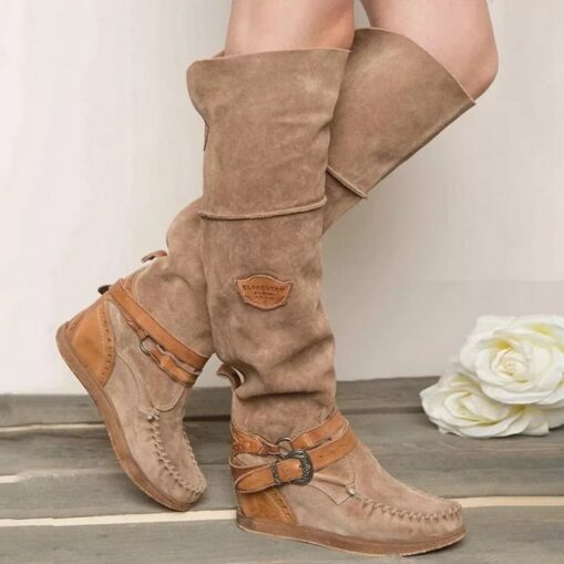 Women's Suede Knee-High Boots with Wedge Heel and Buckle Strap - Bohemian Style Casual Boots in Denim Blue 2025 - Image 3