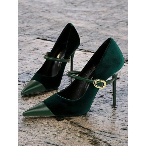 Women's Burgundy Velvet Pointed Toe Stiletto Heels – Elegant High Heels with Gold Buckle for Formal and Evening Wear 2025 - Image 2