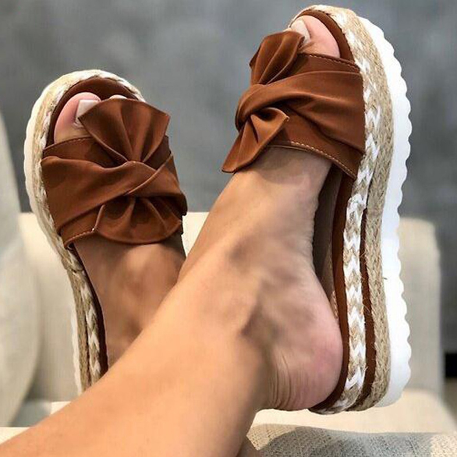 Yellow Women's Platform Sandals with Bow Detail and Woven Espadrille Sole for Stylish Summer Wear 2025 - Image 6