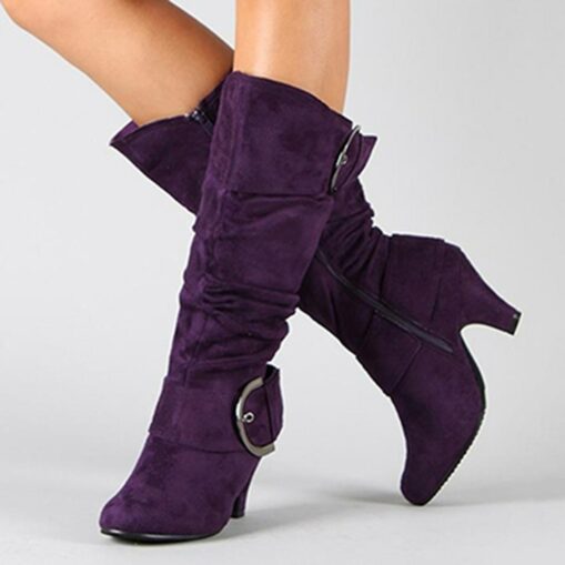 Women's Red Suede Slouchy Knee-High Boots with Buckle Detail and Mid Heel - Stylish Footwear for Fall and Winter 2025 - Image 3