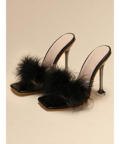 Women's Black Feather Stiletto Heels with Square Toe – Glamorous Wedding Shoes for Brides and Formal Evening Events 2025
