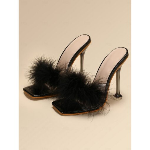 Women's Black Feather Stiletto Heels with Square Toe – Glamorous Wedding Shoes for Brides and Formal Evening Events 2025
