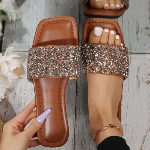 Women's Slippers Bling Bling Shoes Plus Size Beach Slippers Daily Beach Solid Color Plaid Summer Rhinestone Sequin Flat Heel Open Toe Fashion Casual F - Image 2