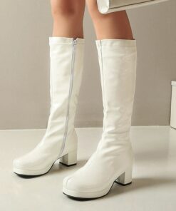 Women's White Patent Knee-High Platform Boots with Side Zipper - Vintage 70s Disco Style Chunky Heel Boots for Cosplay, Retro Fashion, and Events 2025
