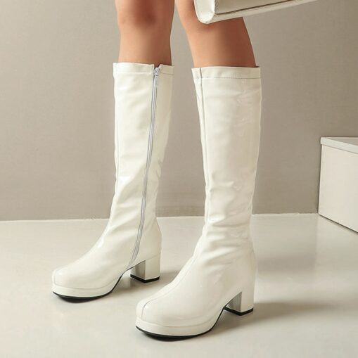 Women's White Patent Knee-High Platform Boots with Side Zipper - Vintage 70s Disco Style Chunky Heel Boots for Cosplay, Retro Fashion, and Events 2025